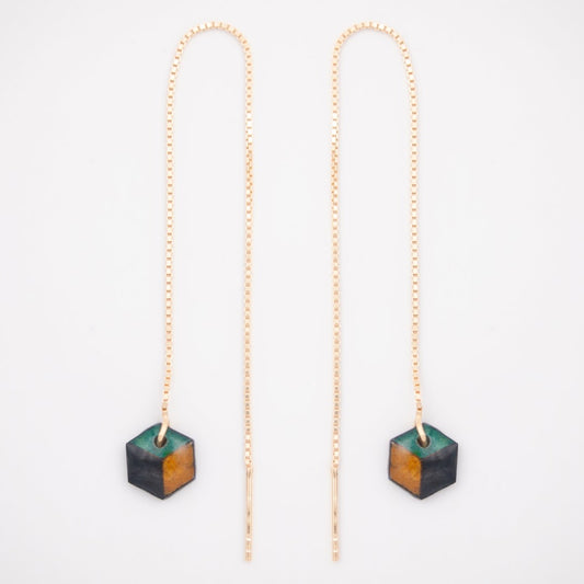 Boucles d’oreilles Hexagone en Calebasse séchée chaîne traversante en Acier Doré, Argent ou Plaqué Or 3 microns | Hex Cube