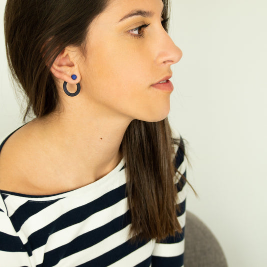 Boucles d'oreilles ivoire végétal devant derrière Boucles d'oreilles sous lobes Ear jacket dessous d'oreille Puces d'oreilles cercle 3 en 1 bleues
