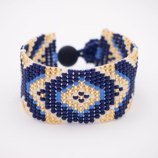 Bracelet perles géométrique Bracelet tissé bleu Bracelet large Bracelet perles rocaille Bracelet bohème Bracelet boho Bijoux ethnique