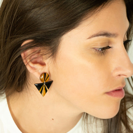 Boucles d'oreilles Géométriques en Calebasse Séchée Argent Triangles | Cari Duo Pav