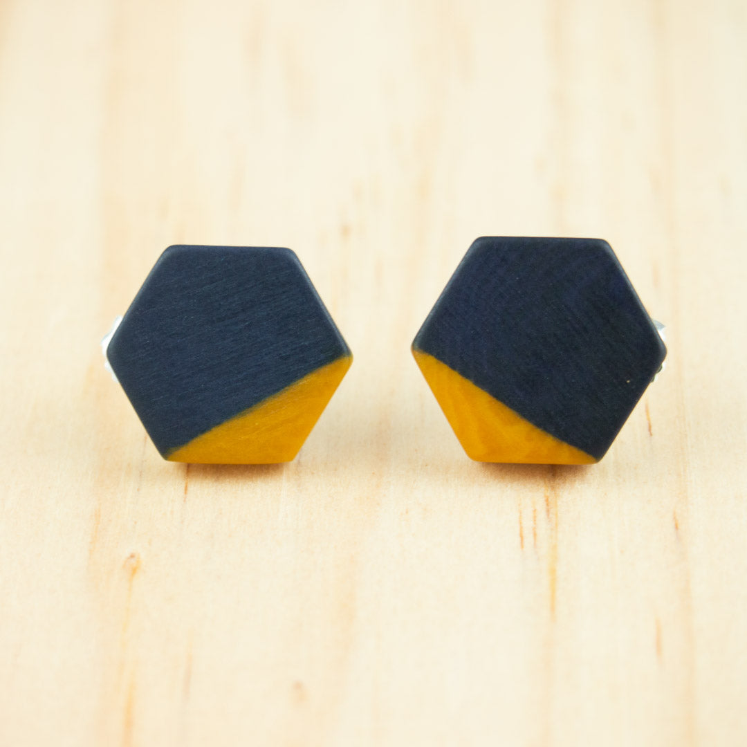 Boucles d′oreilles Bicolores Hexagones faites main en Ivoire végétal et Argent 925 | Hexa-Bi