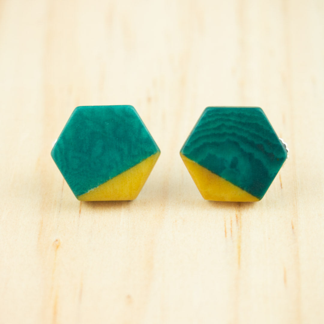 Boucles d′oreilles Bicolores Hexagones faites main en Ivoire végétal et Argent 925 | Hexa-Bi