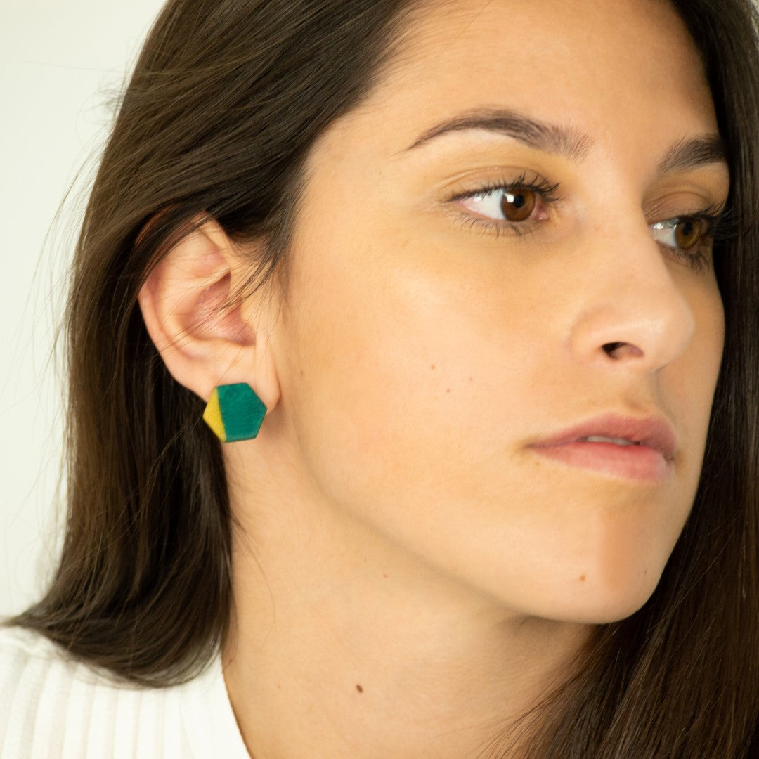 Boucles d′oreilles Bicolores Hexagones faites main en Ivoire végétal et Argent 925 | Hexa-Bi