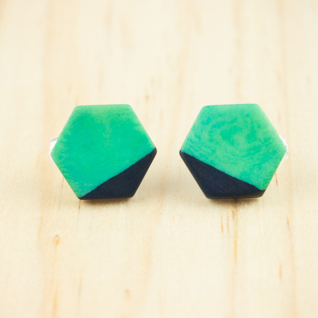 Boucles d′oreilles Bicolores Hexagones faites main en Ivoire végétal et Argent 925 | Hexa-Bi