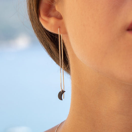 Boucles d’oreilles Lune en ivoire végétal, chaîne traversante en Acier Doré, Argent ou Plaqué Or 3 microns