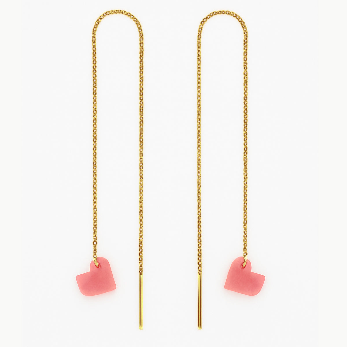 Boucles d’oreilles Coeur en ivoire végétal, chaîne traversante en Acier Doré, Argent ou Plaqué Or 3 microns