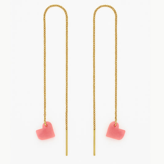 Boucles d’oreilles Coeur en ivoire végétal, chaîne traversante en Acier Doré, Argent ou Plaqué Or 3 microns