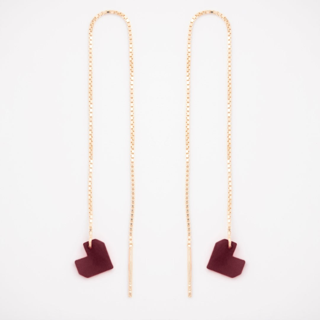 Boucles d’oreilles Coeur en ivoire végétal, chaîne traversante en Acier Doré, Argent ou Plaqué Or 3 microns