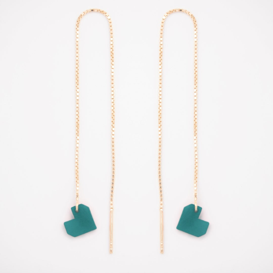 Boucles d’oreilles Coeur en ivoire végétal, chaîne traversante en Acier Doré, Argent ou Plaqué Or 3 microns