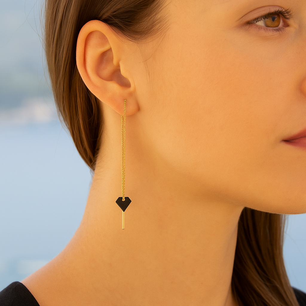 Boucles d’oreilles Diamant en ivoire végétal, chaîne traversante en Acier Doré, Argent ou Plaqué Or 3 microns