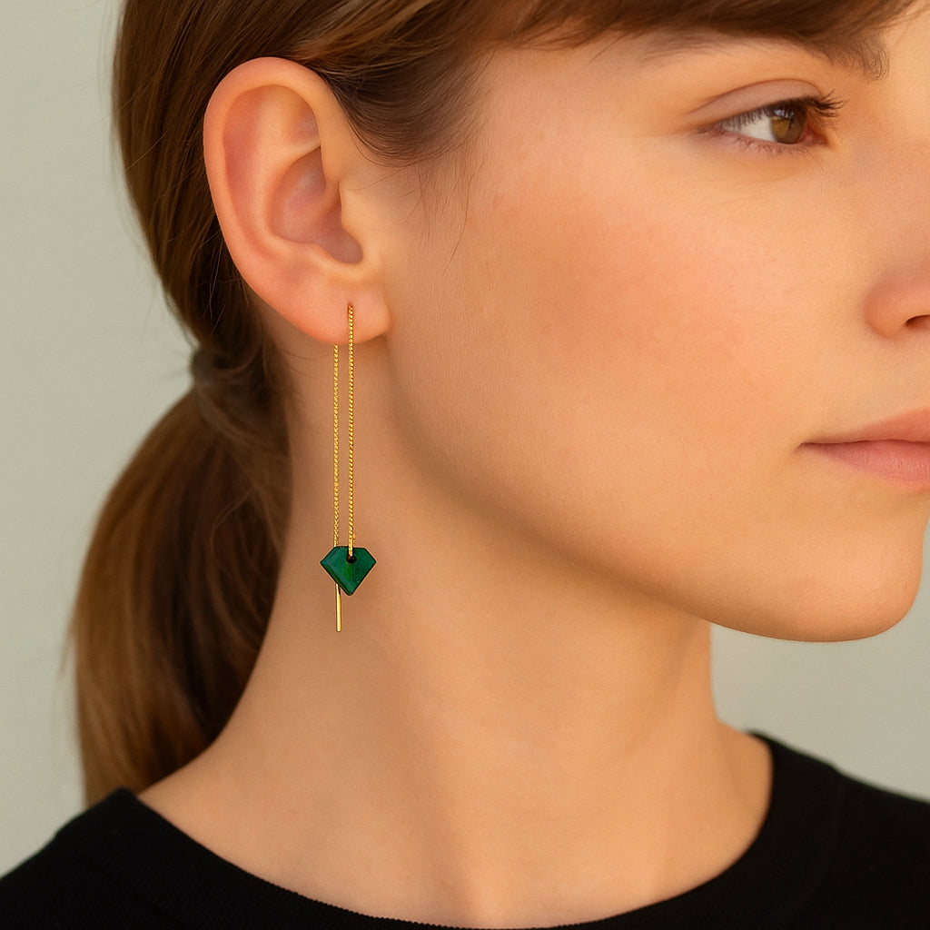 Boucles d’oreilles Diamant en ivoire végétal, chaîne traversante en Acier Doré, Argent ou Plaqué Or 3 microns