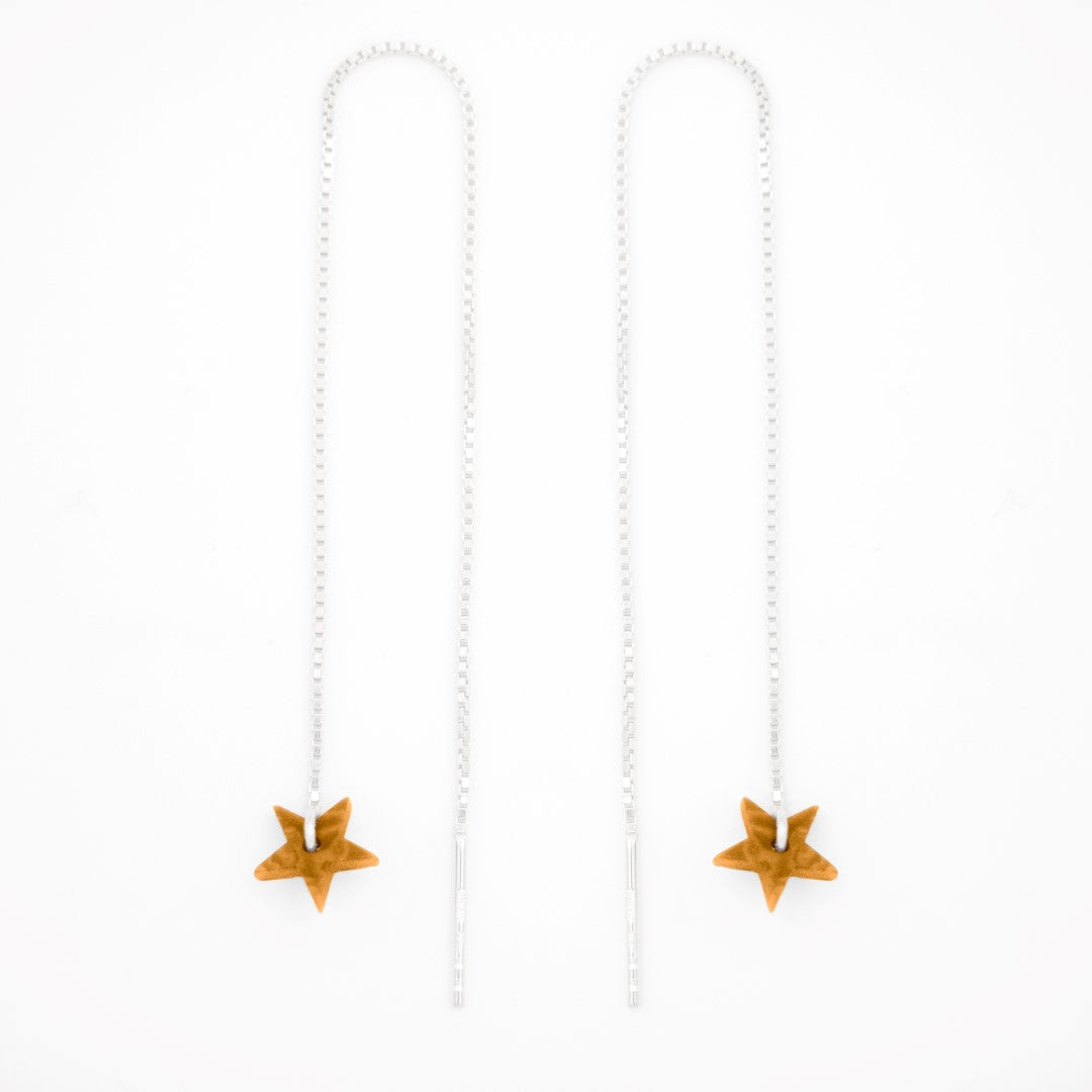 Boucles d’oreilles Etoile en ivoire végétal, chaîne traversante en Acier Doré, Argent ou Plaqué Or 3 microns