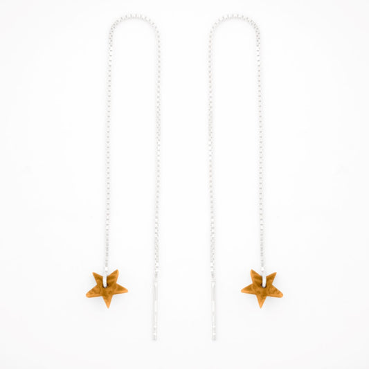 Boucles d’oreilles Etoile en ivoire végétal, chaîne traversante en Acier Doré, Argent ou Plaqué Or 3 microns