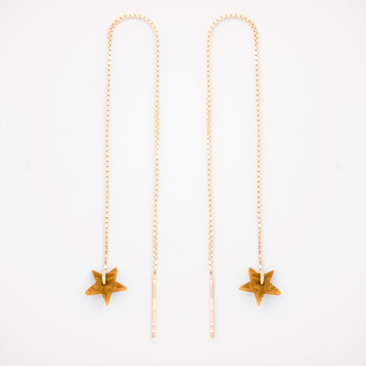 Boucles d’oreilles Etoile en ivoire végétal, chaîne traversante en Acier Doré, Argent ou Plaqué Or 3 microns