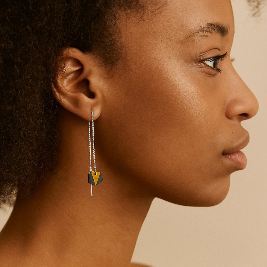 Boucles d’oreilles Hexagone en Calebasse séchée  chaîne traversante en Acier Doré, Argent ou Plaqué Or 3 microns | Hex Pic