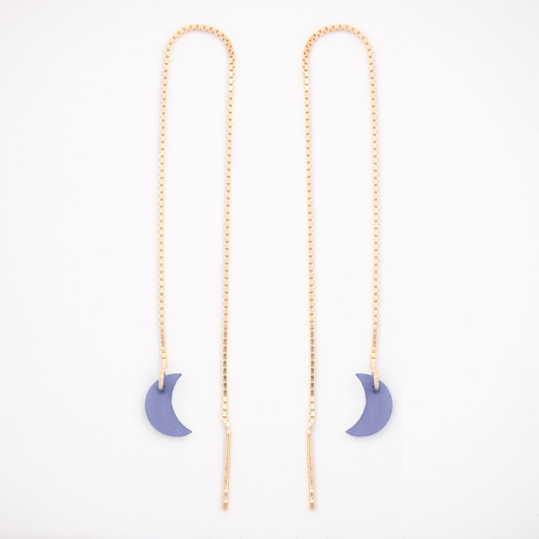 Boucles d’oreilles Lune en ivoire végétal, chaîne traversante en Acier Doré, Argent ou Plaqué Or 3 microns