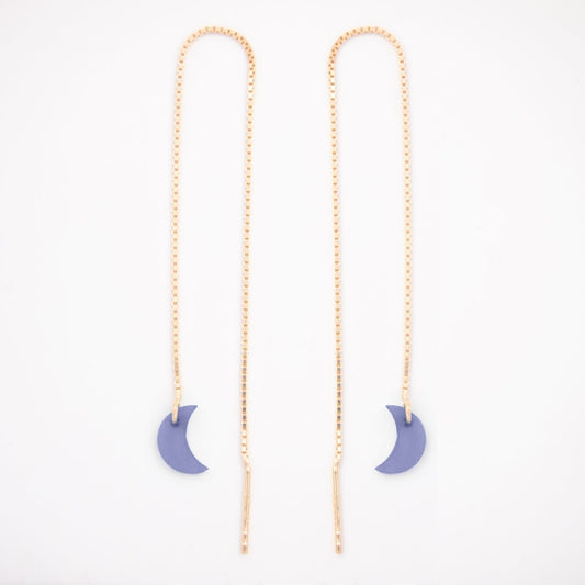 Boucles d’oreilles Lune en ivoire végétal, chaîne traversante en Acier Doré, Argent ou Plaqué Or 3 microns