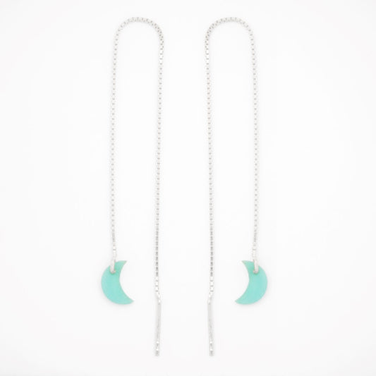 Boucles d’oreilles Lune en ivoire végétal, chaîne traversante en Acier Doré, Argent ou Plaqué Or 3 microns