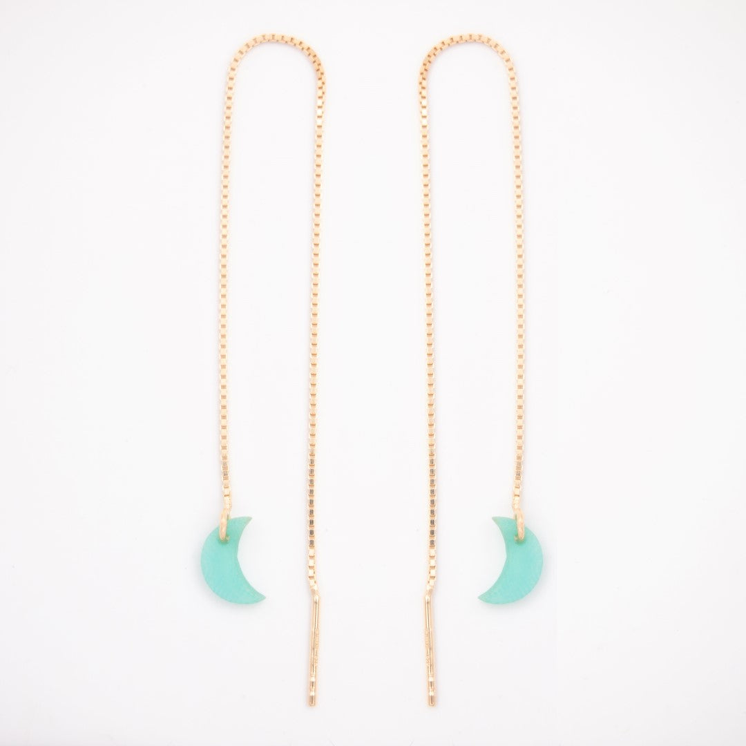 Boucles d’oreilles Lune en ivoire végétal, chaîne traversante en Acier Doré, Argent ou Plaqué Or 3 microns