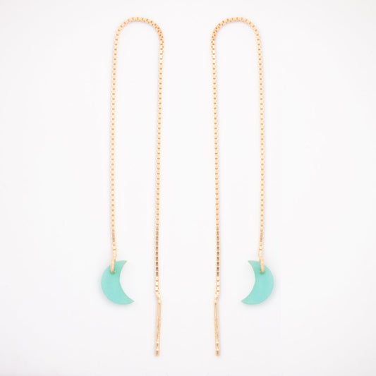 Boucles d’oreilles Lune en ivoire végétal, chaîne traversante en Acier Doré, Argent ou Plaqué Or 3 microns