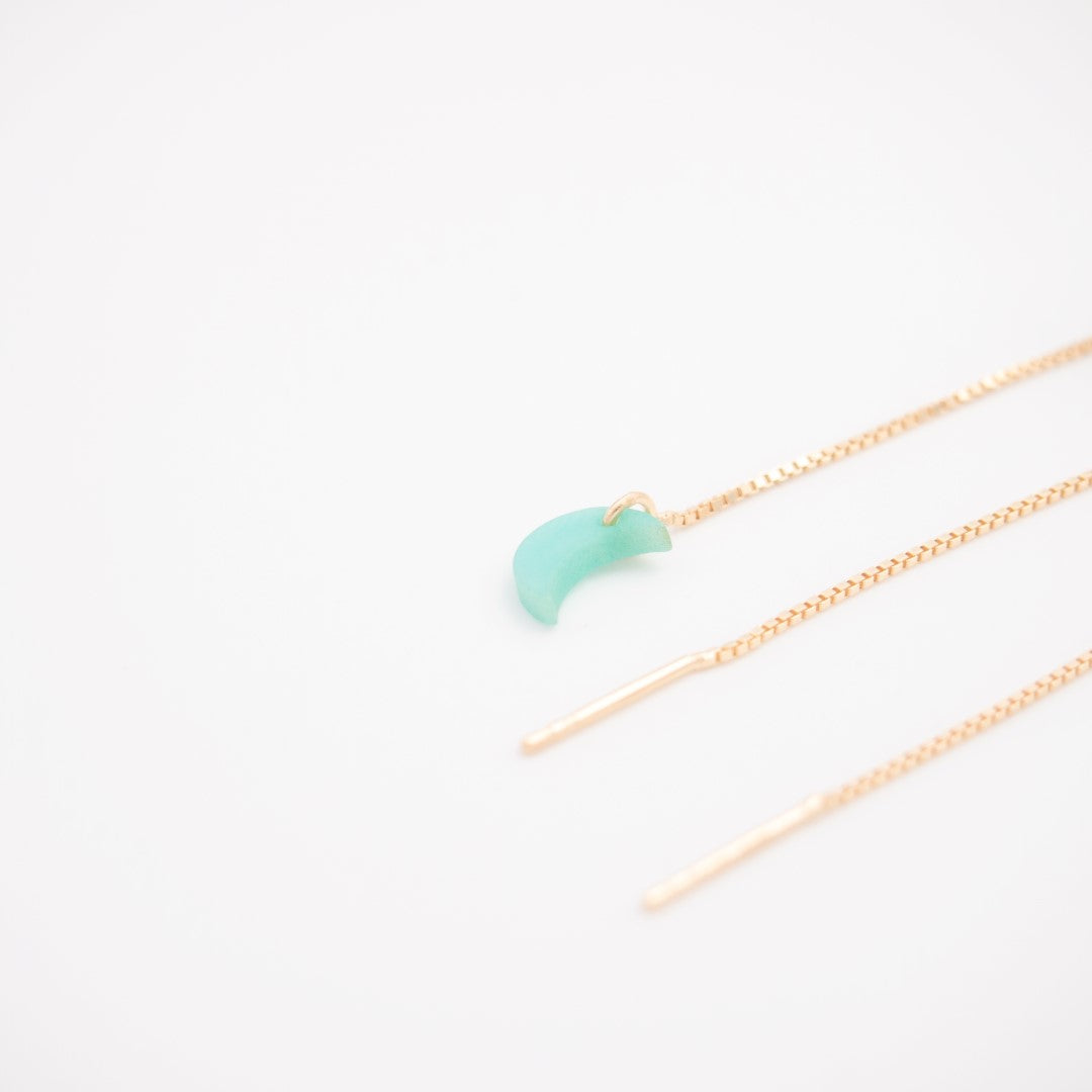 Boucles d’oreilles Lune en ivoire végétal, chaîne traversante en Acier Doré, Argent ou Plaqué Or 3 microns