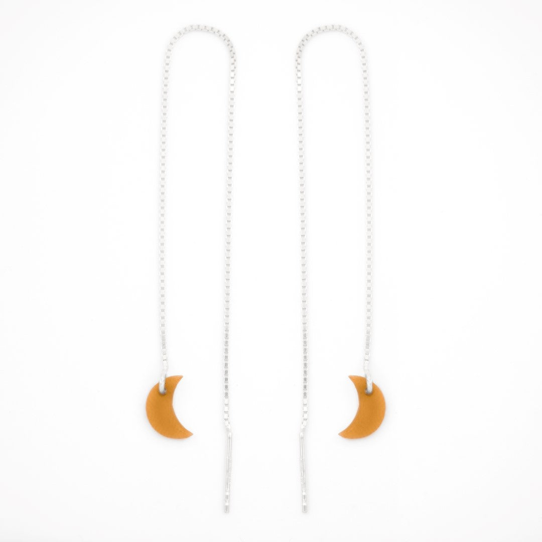 Boucles d’oreilles Lune en ivoire végétal, chaîne traversante en Acier Doré, Argent ou Plaqué Or 3 microns