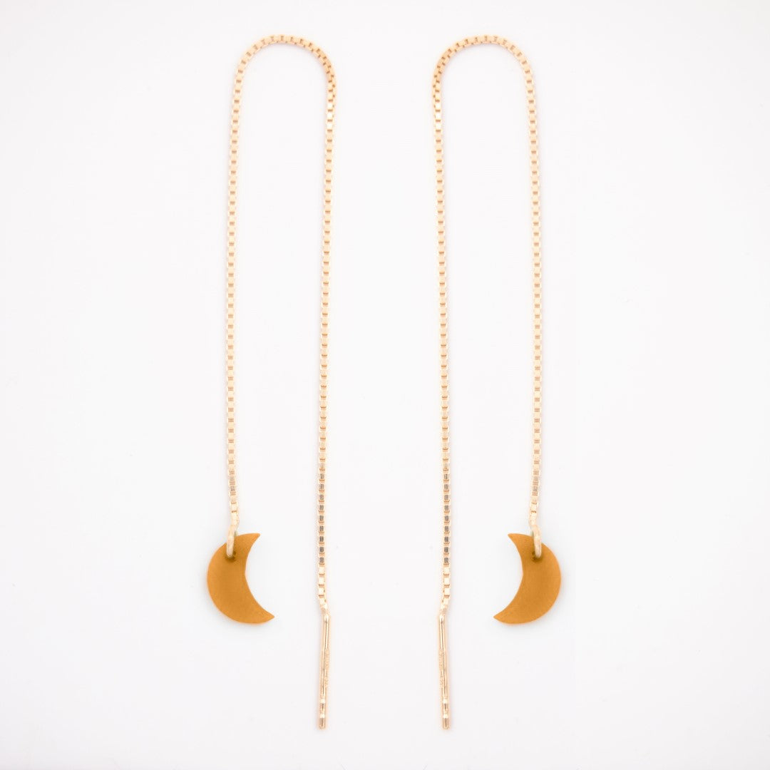 Boucles d’oreilles Lune en ivoire végétal, chaîne traversante en Acier Doré, Argent ou Plaqué Or 3 microns