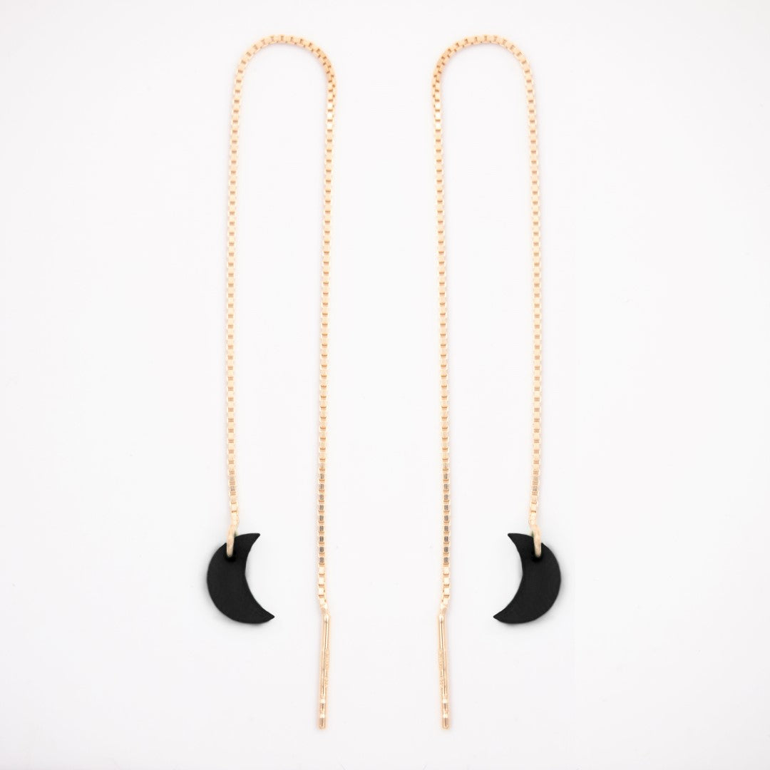 Boucles d’oreilles Lune en ivoire végétal, chaîne traversante en Acier Doré, Argent ou Plaqué Or 3 microns