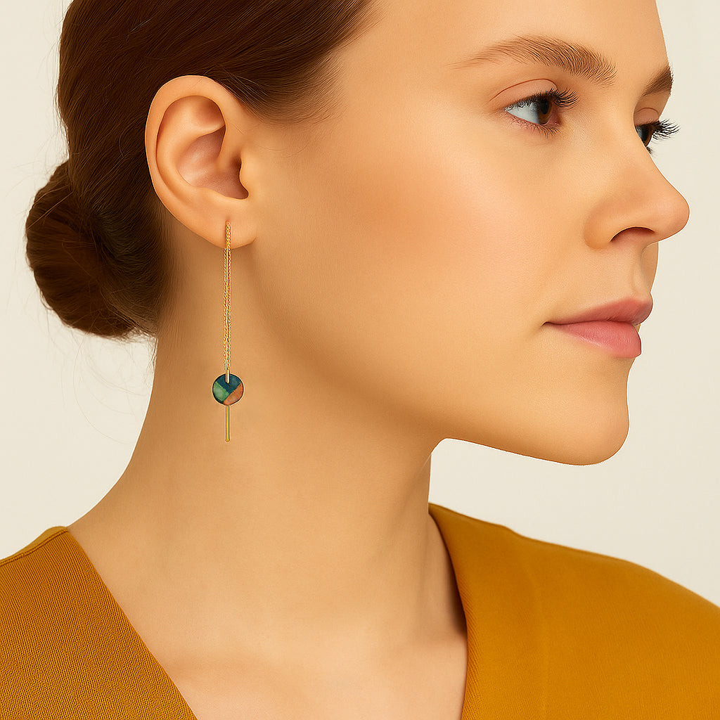 Boucles d’oreilles Ronds en Calebasse séchée chaîne traversante en Acier Doré, Argent ou Plaqué Or 3 microns | Inter