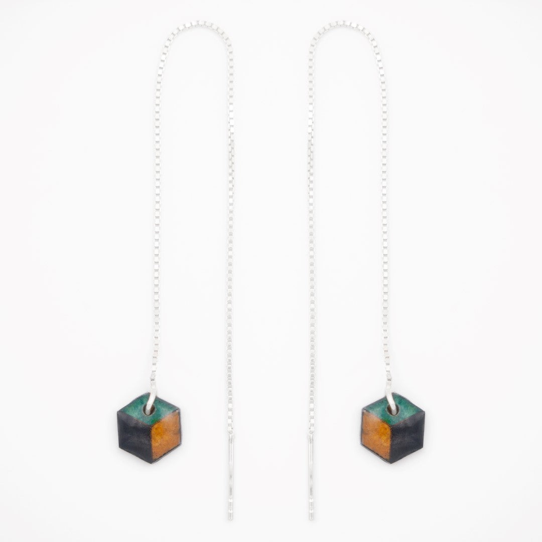 Boucles d’oreilles Hexagone en Calebasse séchée  chaîne traversante en Acier Doré, Argent ou Plaqué Or 3 microns | Hex Cube