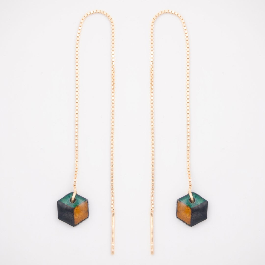 Boucles d’oreilles Hexagone en Calebasse séchée  chaîne traversante en Acier Doré, Argent ou Plaqué Or 3 microns | Hex Cube