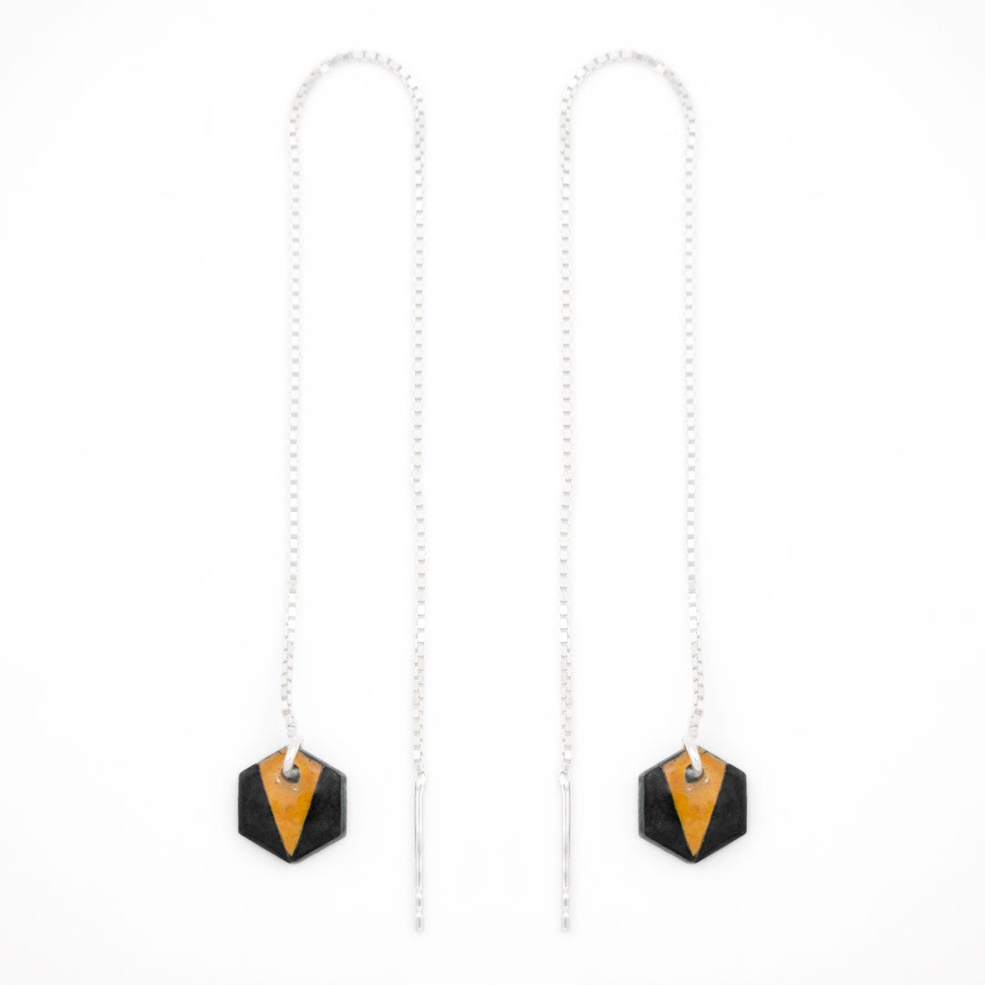 Boucles d’oreilles Hexagone en Calebasse séchée  chaîne traversante en Acier Doré, Argent ou Plaqué Or 3 microns | Hex Pic