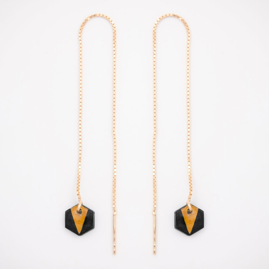 Boucles d’oreilles Hexagone en Calebasse séchée  chaîne traversante en Acier Doré, Argent ou Plaqué Or 3 microns | Hex Pic