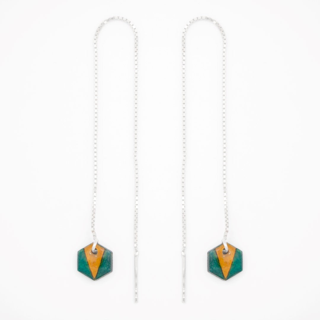 Boucles d’oreilles Hexagone en Calebasse séchée  chaîne traversante en Acier Doré, Argent ou Plaqué Or 3 microns | Hex Pic