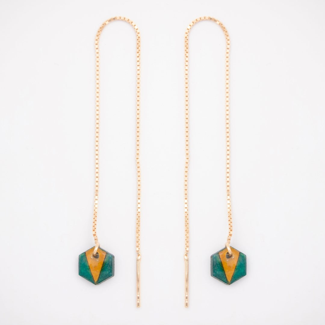 Boucles d’oreilles Hexagone en Calebasse séchée  chaîne traversante en Acier Doré, Argent ou Plaqué Or 3 microns | Hex Pic