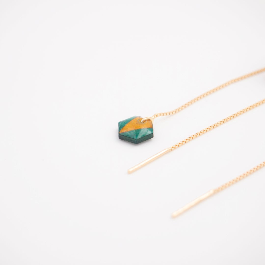 Boucles d’oreilles Hexagone en Calebasse séchée  chaîne traversante en Acier Doré, Argent ou Plaqué Or 3 microns | Hex Pic