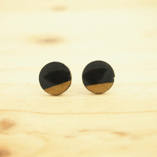 Boucles d'oreilles Rondes Noires Calebasse séchée Végan Puces | Micro Cari Rond 12mm