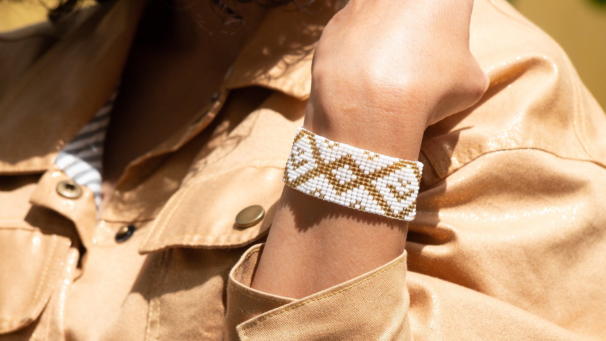 Bracelet perles Style Boho Chic Blanc doré Bracelet tissé Manchette Bracelet perles rocaille Bracelet bohème