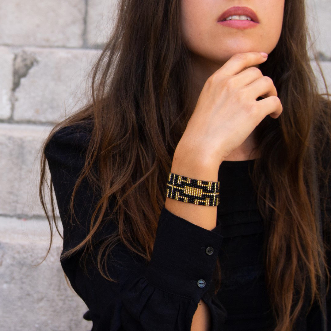 Bracelet Perles Géométrique Large Rocaille Années 20 Art Déco | Bramita Labyrinthe