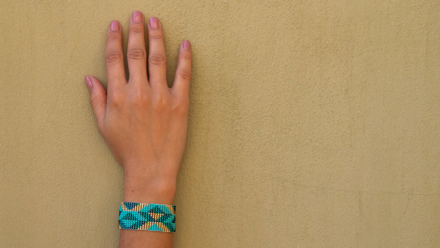 Bracelet perles turquoise Bracelet perles géométrique Bracelet large Bracelet tissé perles rocaille Bracelet bohème Bijoux Boho