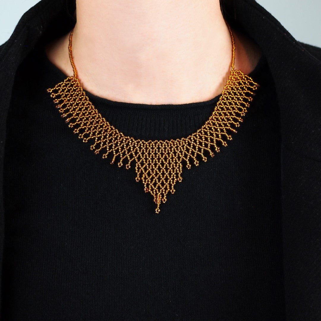 Collier Plastron Miel Perles Rocaille Bobo Chic Ethnique Tissé Main | Okamita