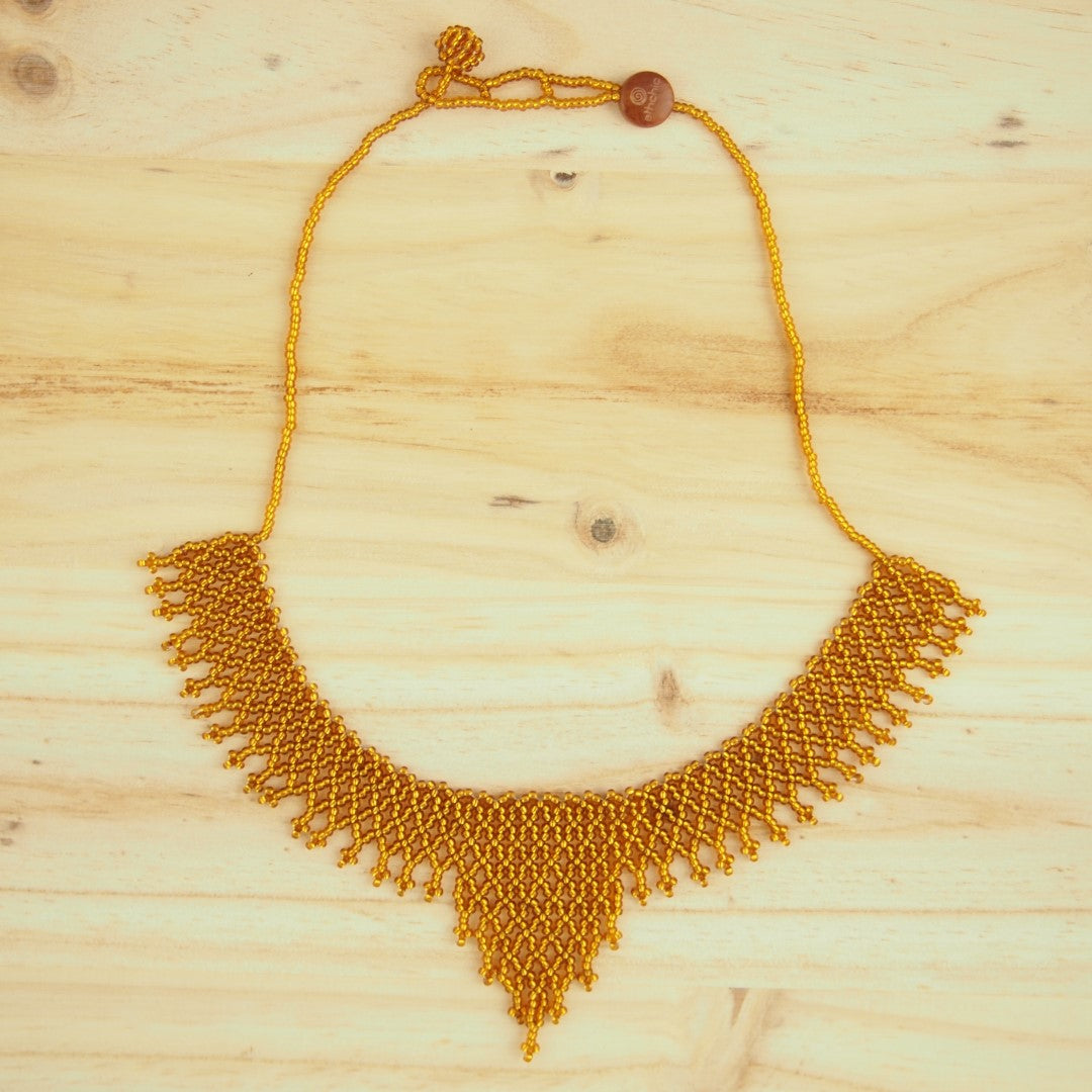 Collier Plastron Miel Perles Rocaille Bobo Chic Ethnique Tissé Main | Okamita