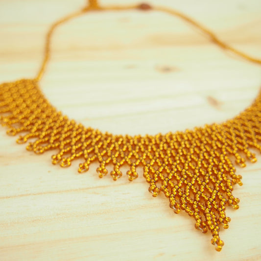 Collier Plastron Miel Perles Rocaille Bobo Chic Ethnique Tissé Main | Okamita