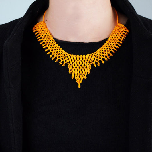 Collier Plastron Miel Perles Rocaille Bobo Chic Ethnique Tissé Main | Okamita