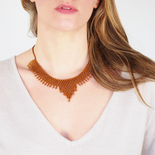 Collier Plastron Miel Perles Rocaille Bobo Chic Ethnique Tissé Main | Okamita