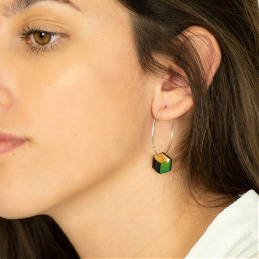 Boucles d'oreilles Créoles en Calebasse Séchée Hexagone, Acier Doré, Argent ou Or fin 24k  | Mini Cari Cube