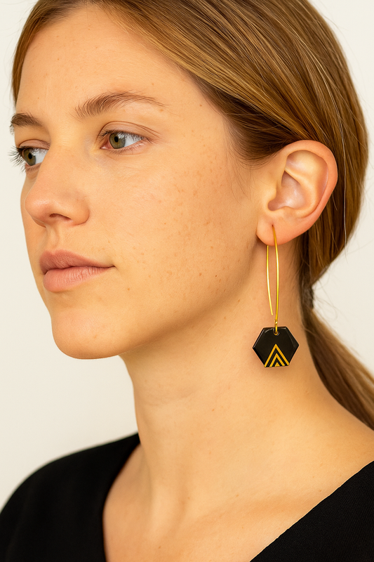 Boucles d'oreilles Créoles en Calebasse Séchée Hexagone, Acier Doré, Argent ou Or fin 24k  | Cari Hex Fle