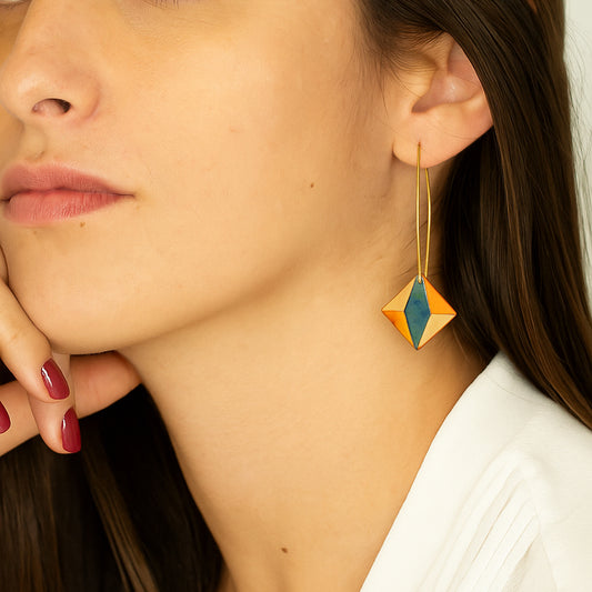 Boucles d'oreilles Créoles en Calebasse Séchée Losange, Acier Doré, Argent ou Or fin 24k  | Cari Los