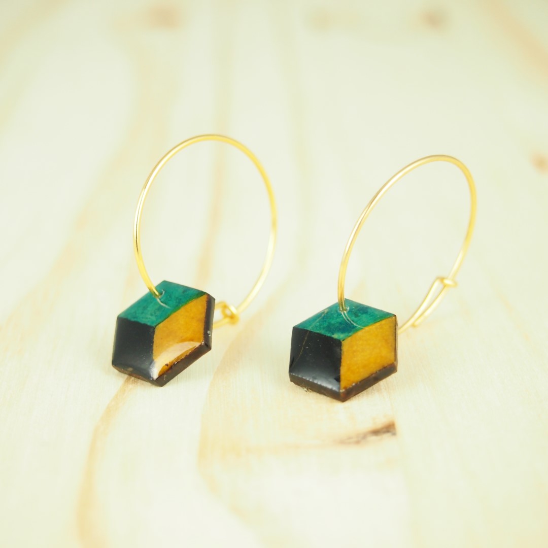 Boucles d'oreilles Créoles en Calebasse Séchée Hexagone, Acier Doré, Argent ou Or fin 24k  | Mini Cari Cube
