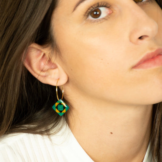 Boucles d'oreilles Créoles en Calebasse Séchée Carrées, Acier Doré, Argent ou Or fin 24k  | Cari Los